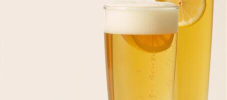 A Hefeweizen glass holds a hazy golden beer while another is garnished photo