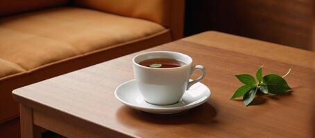A teacup featuring a leaf rests on a nearby table beside a couch photo