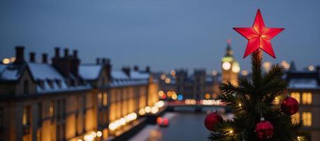 A red star adorns a Christmas tree amidst Londons Bokehlit nightscape photo