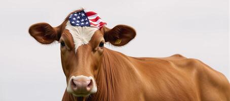 Patriotic cow sporting an American flag hat photo