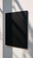 Minimalist scene blank black billboard on modern tiled wall illuminated by sunshine monochrome minimalistic simple photo