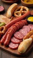 Oktoberfestthemed assortment of various sausages on a charcuterie board photo