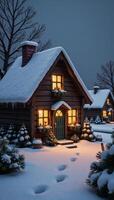 An enchanting winter village scene under twilight features warmglowing cottage windows snowy rooftops adorned with festive decorations and a softly falling snow photo