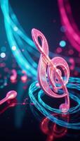 Digital art featuring an abstract backdrop of neon musical notes and light trails against a dark background photo