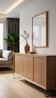 Modern neutraltoned living room features woodpaneled sideboard and empty picture frame minimalist aesthetic creates a warm and inviting ambiance Rendering photo