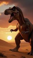 Giganotosaurus displayed a fierce fighting stance against a backdrop of settingsun desert photo