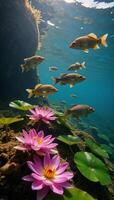 A lively underwater scene showcasing colorful fish amidst blooming waterlilies photo