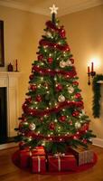 Vibrant decorations adorn a twinkling Christmas tree with gifts and warmth photo