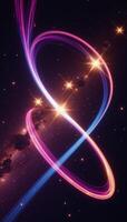 Abstract cosmic dreamscape with glowing light streaks and stars photo