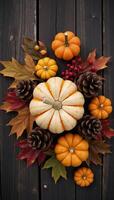 Rustic Fall scene featuring pumpkins leaves pine cones and berries on weathered wooden table for a cozy seasonal ambiance photo