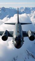 A Soviet Tupolev Tu95 bomber soars over snowcovered mountains photo