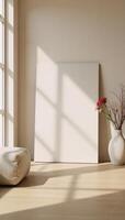 Contemporary mockup featuring a minimalist beige room with rendered design elements photo