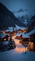 Snowy village glows with festive lights during winter nightfall photo