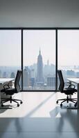 Modern minimalist office space boasting city views through expansive glass windows photo
