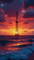 Stunning sunset with a towering telecom tower surrounded by rippling hues of colorful light waves photo