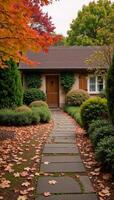 Charming UK garden showcases a naturalistic autumninspired design with vibrant colors and captivating hardscapes photo