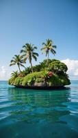 A photorealistic depiction of a lush flatfloating tropically verdant island landscape photo