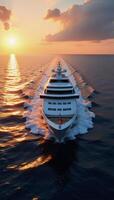 Aerial perspective of a cruise ship sailing amidst a goldenhued summer sunset depicted through neural network art photo