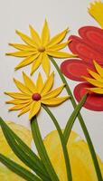 Abstract modern art painting featuring vibrant handpainted spring blooms in a whirlwind of colors including yellows and reds against an oil painted backdrop of flowers photo
