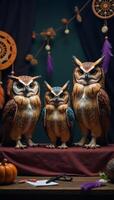 Bohostyle owl trios with intricate designs adorned for Halloween presented as 3D illustrations photo