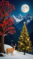 Christmasthemed mountainscape mural featuring colorful Christmas tree leaves golden deer golden birds and a glowing moon on a dark blue backdrop photo