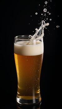 Slowmotion capture of a beer glass splash against a black backdrop photo