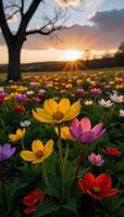 Blooming wildflowers illuminate under setting sunlight in a vibrant spring scene photo