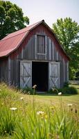 Rustic watercolor image featuring a charming barn on a picturesque farm photo