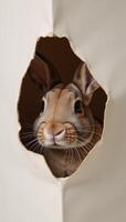 A curious rabbit is depicted peering through torn paper photo