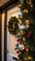 Christmas frontdoor garland adorned with festive lights photo