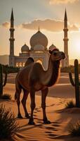 A stunning RamadanEid backdrop showcases a beautifully lit mosque amidst colorful lanterns photo
