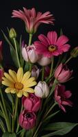 Wallpaper design vintagestyle floral composition with dark background featuring flowers and leaves photo