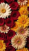 Floral composition showcasing interwoven patterns of roses chrysanthemums and marigolds photo