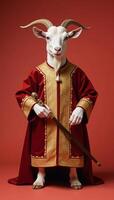 Realistic goat in a royal robe with scepter against a solid salmon backdrop photo