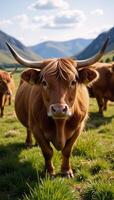 A portrait depicts Scotlands Highlands with cattle grazing amidst Scottish wildlife and rugged landscapes photo