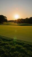Scenic sunrise view over a goldenglowing golf course photo