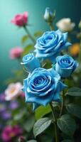 Blue rose bouquet amidst a colorful and romantic garden setting photo