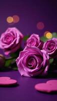 Purple Rose Background featuring Love Wallpaper filled with Heart Shaped Roses and Bokeh Lights for Valentines Day Design photo