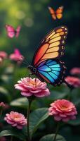 A colorful geometricalangled 3D rendered fairy with large vibrant wings rests upon a garden casting an intriguing shadow onto the natural surroundings photo