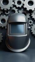 A captivating 3D render showcases a welding helmet amidst gears signifying industrial innovation in metalwork photo