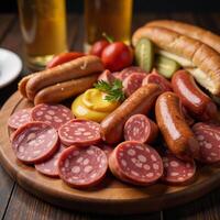 Oktoberfestthemed assortment of various sausages on a charcuterie board photo