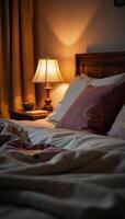 Cozy bedroom setting with soft light warm blankets and a relaxing ambiance from a bedside lamp photo