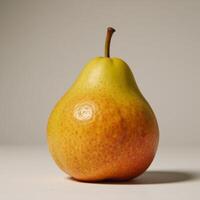 A playful depiction of a friendlylooking colorfully patterned panda munching on juicy ripe pear photo
