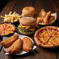Fast food top view unhealthy meals with sauces on wooden table photo