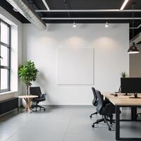 Modern office setting featuring an empty white wall for mockup purposes Rendering photo