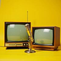 A vintagestyle image featuring two retro TVs and a gold mic on a bright yellow backdrop photo