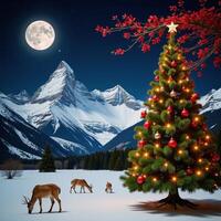 Christmasthemed mountainscape mural featuring colorful Christmas tree leaves golden deer golden birds and a glowing moon on a dark blue backdrop photo