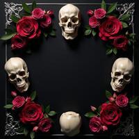 A Gothic banner displaying skulls blooming flowers Blacksilver theme widescale design with ample copiespace photo