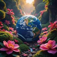 Vibrant glowing Earth with lush flora and fauna exuding a psychedelic vibe photo