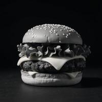 Minimalist blackandwhite art depicting a layered hamburger with sesame seed bun lettuce and cheese photo
